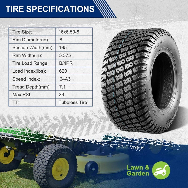 MaxAuto ماكس أوتو 2 قطعة 16x6.50-8 إطارات جزازة العشب للجرارات وحدائق الركوب، 4PR، بدون أنبوب - Image 3
